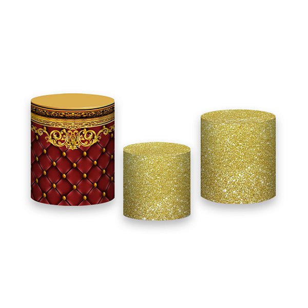 Trio De Capas De Cilindro - Capitonê Vermelho com Efeito Glitter Dourado 008