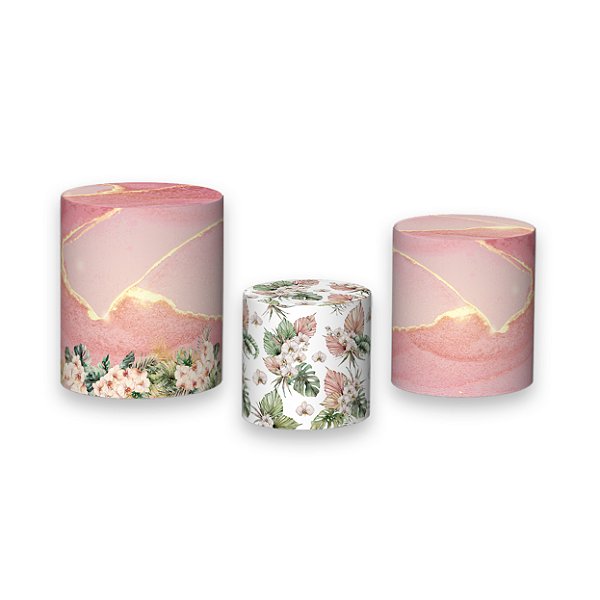 Trio De Capas De Cilindro - Efeito Mármore Rosa com Flores 022