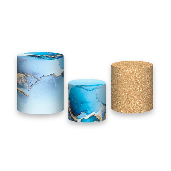 Trio De Capas De Cilindro - Efeito Marmorizado Azul com Dourado 069