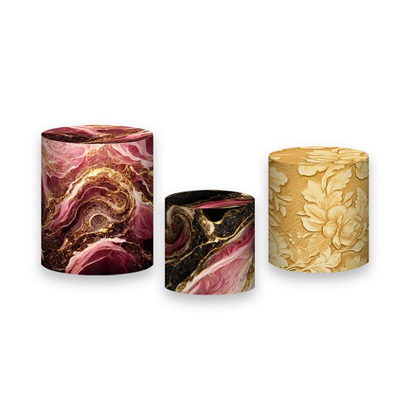 Trio De Capas De Cilindro - Efeito Marmorizado Rosa e Dourado 088