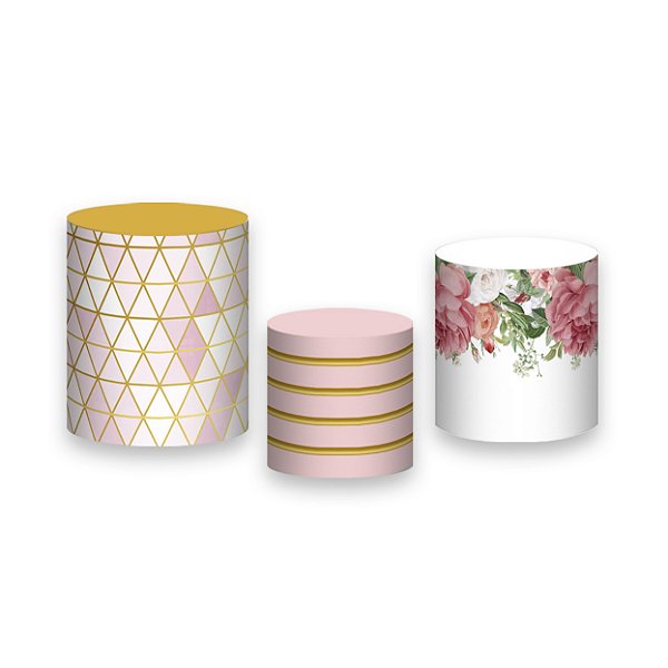 Trio De Capas De Cilindro - Geométrico Flores Rosa 001