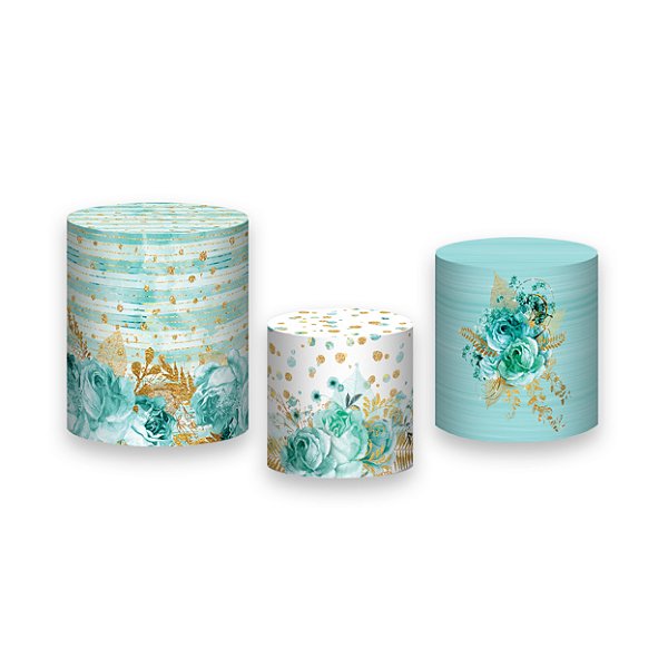 Trio De Capas De Cilindro - Flores Azul Esverdeado e Dourado 008