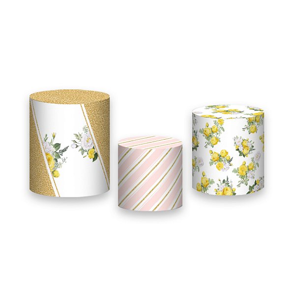 Trio De Capas De Cilindro - Geométrico Dourado com Flores Amarelas 013