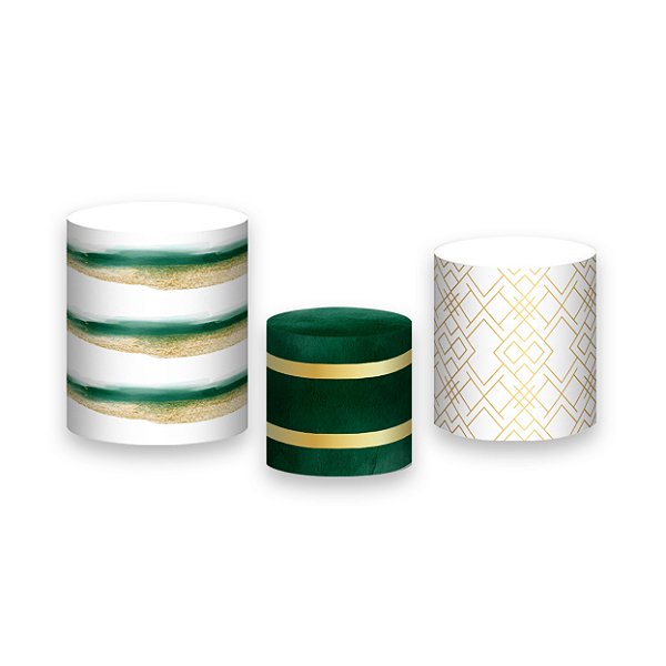 Trio De Capas De Cilindro - Verde Musgo com Geométrico Dourado 015