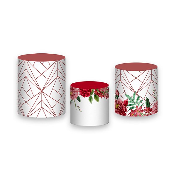 Trio De Capas De Cilindro - Geométrico com Flores Vermelhas 019