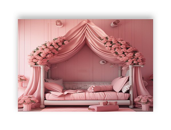 Fundo Fotográfico 2,20 x 1,50 - Quarto de Princesa Rosa Cama 004