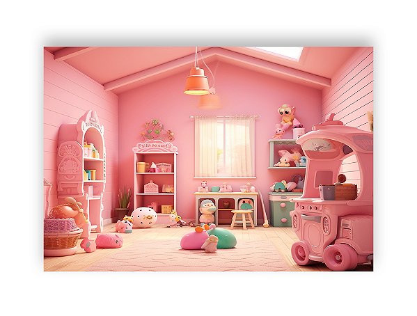 Fundo Fotográfico 2,20 x 1,50 - Quarto de Brinquedos de Boneca Rosa 007