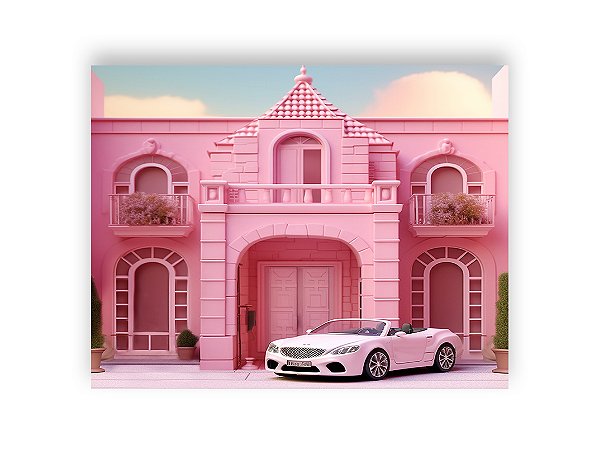 Fundo Fotográfico 1,55 x 1,20 - Casa de Boneca Rosa com Carro Branco 019