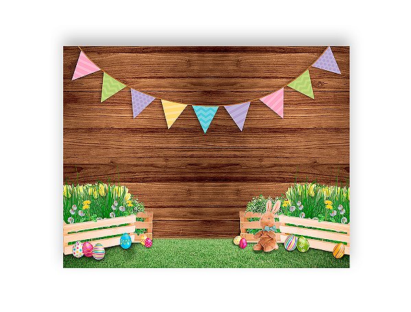 Fundo Fotográfico 1,55 x 1,20 - Páscoa Efeito Madeira Escura e Bandeirinhas 033