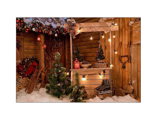 Fundo Fotográfico 2,20 x 1,50 - Barraca Efeito Madeira Decoração de Natal 037