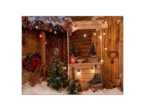 Fundo Fotográfico 1,55 x 1,20 - Barraca Efeito Madeira Decoração de Natal 038