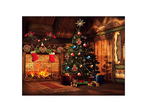 Fundo Fotográfico 1,55 x 1,20 - Natal Árvore e Lareira Acesa 082
