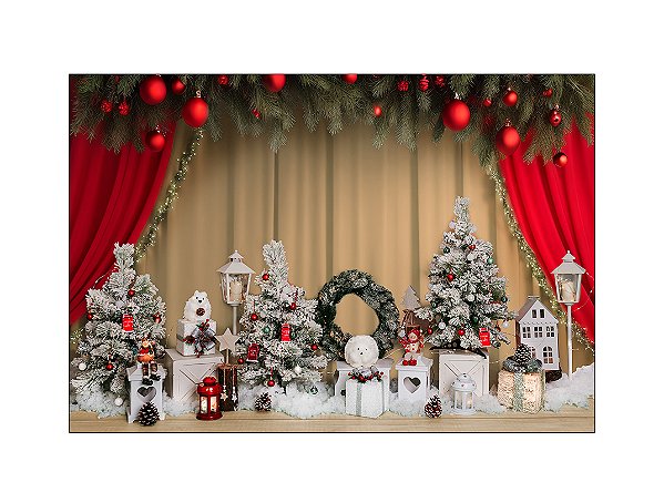 Fundo Fotográfico 2,20 x 1,50 - Cenário de Natal com Cortina Vermelha e Bege 121