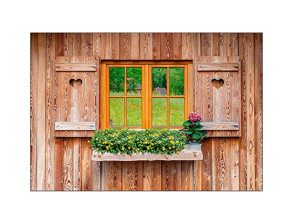 Fundo Fotográfico 2,20 x 1,50 - Janela de Madeira Com Flor Fazenda 024