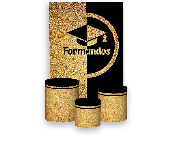 Painel De Festa Vertical 1,50 x 2,20 + Trio De Capas Cilindro - Formatura Preto e Dourado Formandos 009