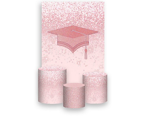 Painel De Festa Vertical 1,50 x 2,20 + Trio De Capas Cilindro - Formatura Rosa Efeito Glitter 012