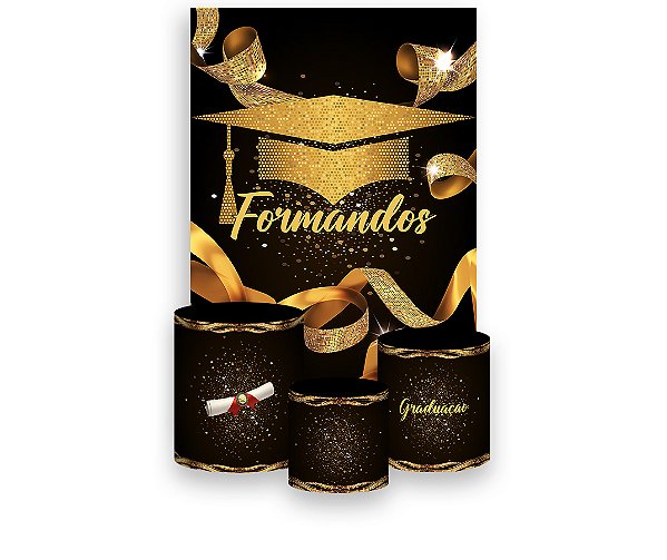 Painel De Festa Vertical 1,50 x 2,20 + Trio De Capas Cilindro - Formatura Fitas Dourado 013