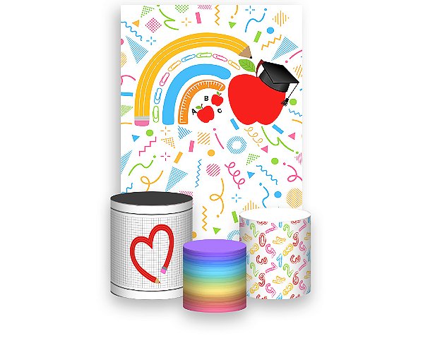 Painel De Festa Vertical 1,50 x 2,20 + Trio De Capas Cilindro - Formatura Colorida Infantil 020