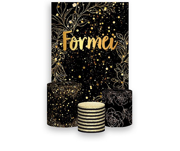 Painel De Festa Vertical 1,50 x 2,20 + Trio De Capas Cilindro - Formei Efeito Brilhos Dourado 023