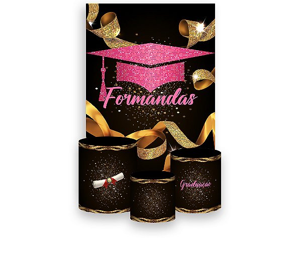 Painel De Festa Vertical 1,50 x 2,20 + Trio De Capas Cilindro - Formandas Capelo Rosa 025
