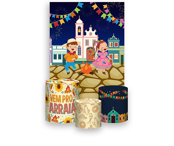 Painel De Festa Vertical 1,50 x 2,20 + Trio De Capas Cilindro - Festa Junina Crianças 001