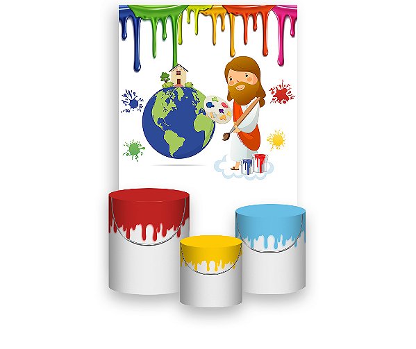 Painel De Festa Vertical 1,50 x 2,20 + Trio De Capas Cilindro - Jesus Pintor do Mundo Tintas 003