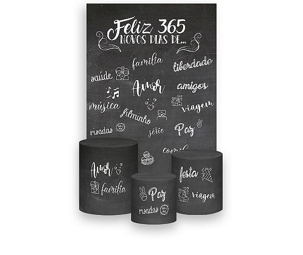 Painel De Festa Vertical 1,50 x 2,20 + Trio De Capas Cilindro - Ano Novo Chalkboard 002