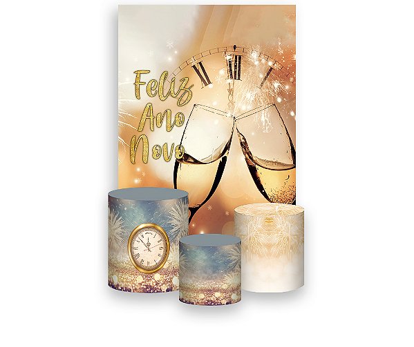Painel De Festa Vertical 1,50 x 2,20 + Trio De Capas Cilindro - Ano Novo Dourado 004