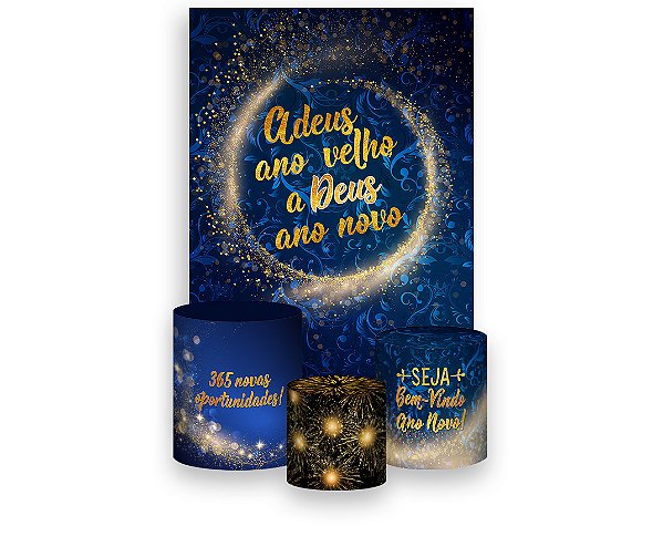 Painel De Festa Vertical 1,50 x 2,20 + Trio De Capas Cilindro - Ano Novo Azul com Dourado 005