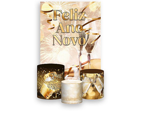Painel De Festa Vertical 1,50 x 2,20 + Trio De Capas Cilindro - Ano Novo Fogos com Espumante 006