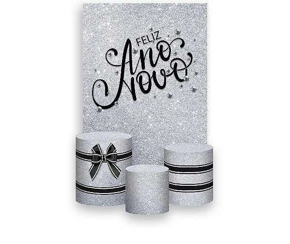 Painel De Festa Vertical 1,50 x 2,20 + Trio De Capas Cilindro - Ano Novo Efeito Glitter Prata e Preto 007