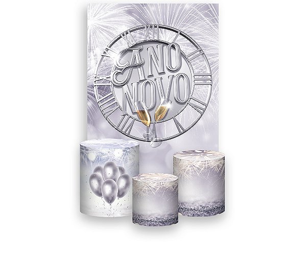 Painel De Festa Vertical 1,50 x 2,20 + Trio De Capas Cilindro - Ano Novo Prateado 010
