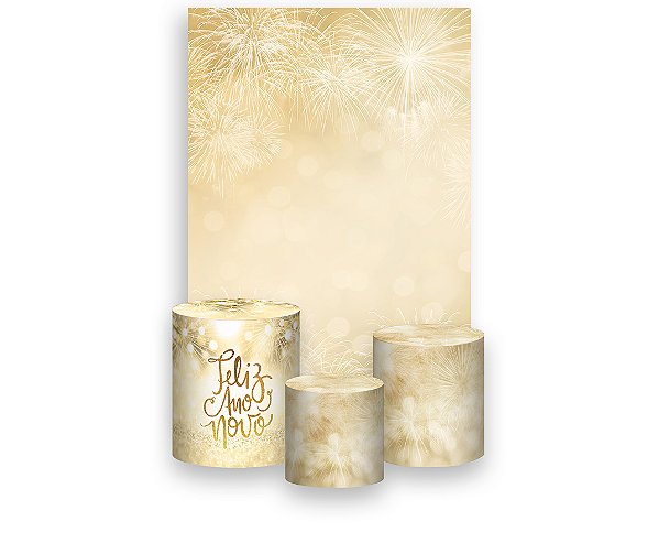Painel De Festa Vertical 1,50 x 2,20 + Trio De Capas Cilindro - Feliz Ano Novo Dourado 011