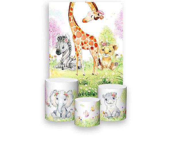 Painel De Festa Vertical 1,50 x 2,20 + Trio De Capas Cilindro - Safari Aquarela 002