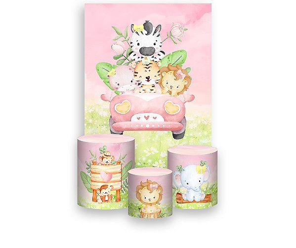 Painel De Festa Vertical 1,50 x 2,20 + Trio De Capas Cilindro - Safari Cute Rosa 008