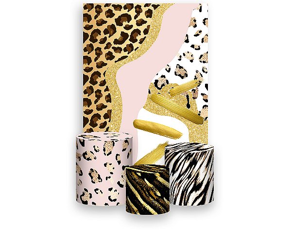 Painel De Festa Vertical 1,50 x 2,20 + Trio De Capas Cilindro - Estampa Animal Print Gold 026