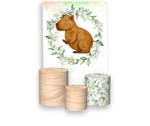 Painel De Festa Vertical 1,50 x 2,20 + Trio De Capas Cilindro - Safari Capivara Folhagens 036