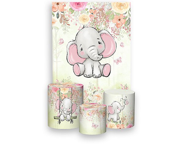Painel De Festa Vertical 1,50 x 2,20 + Trio De Capas Cilindro - Safari Elefantinha Jardim Rosa 047
