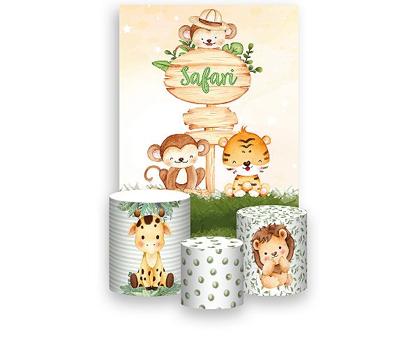 Painel De Festa Vertical 1,50 x 2,20 + Trio De Capas Cilindro - Safari Aquarela Clean 071