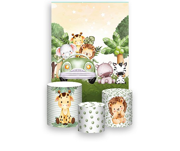 Painel De Festa Vertical 1,50 x 2,20 + Trio De Capas Cilindro - Safari Cute Clean 072