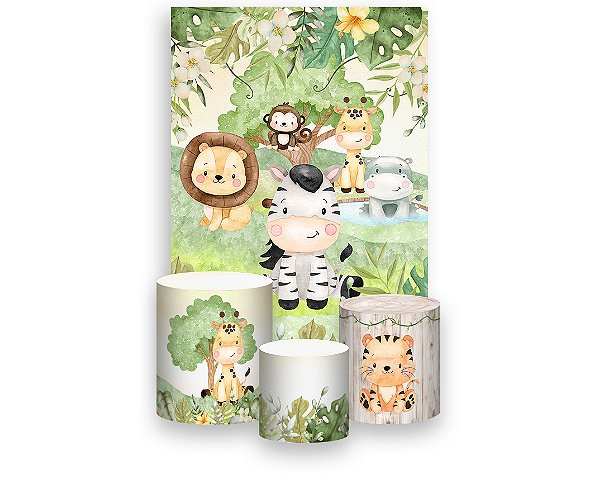 Painel De Festa Vertical 1,50 x 2,20 + Trio De Capas Cilindro - Safari Verde Suave 074