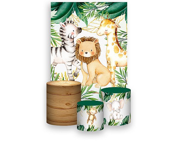 Painel De Festa Vertical 1,50 x 2,20 + Trio De Capas Cilindro - Animais Safari Folhas com Dourado 076