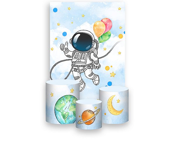Painel De Festa Vertical 1,50 x 2,20 + Trio De Capas Cilindro - Astronauta Aquarela 007