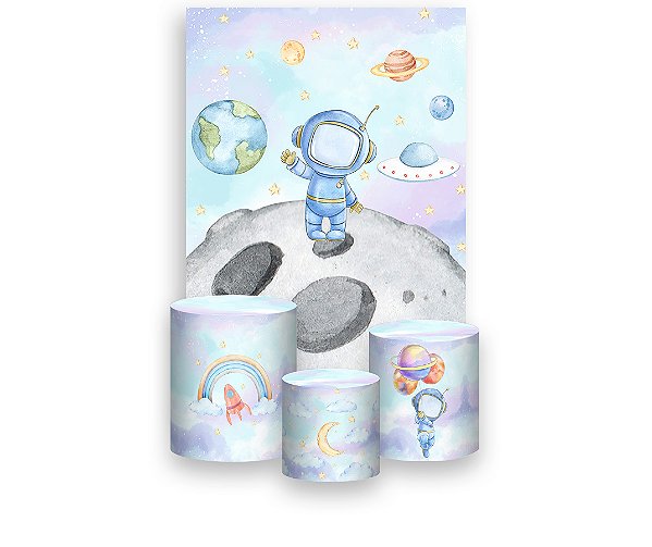 Painel De Festa Vertical 1,50 x 2,20 + Trio De Capas Cilindro -  Astronauta Candy Na Lua 013
