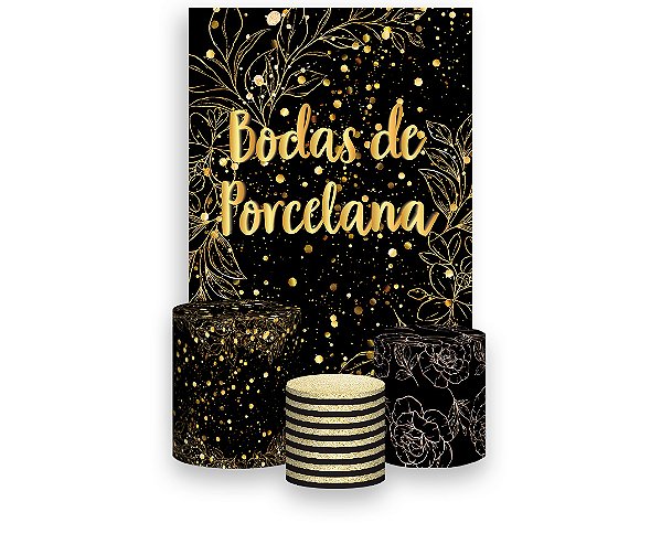 Painel De Festa Vertical 1,50 x 2,20 + Trio De Capas Cilindro - Efeito Brilhos Bodas de Porcelana 022