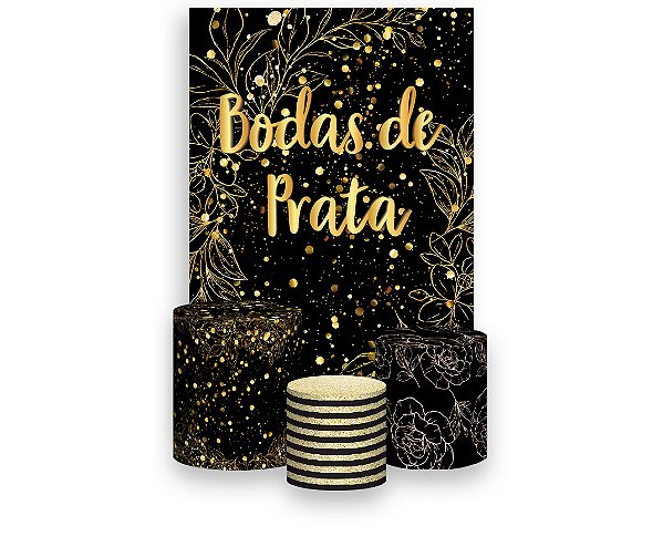 Painel De Festa Vertical 1,50 x 2,20 + Trio De Capas Cilindro - Efeito Brilhos Bodas de Prata 023