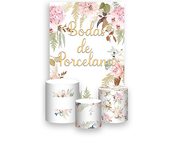 Painel De Festa Vertical 1,50 x 2,20 + Trio De Capas Cilindro - Flores Bodas de Porcelana Elegante 039