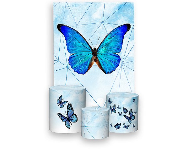 Painel De Festa Vertical 1,50 x 2,20 + Trio De Capas Cilindro - Borboleta Azul Aquarela 001