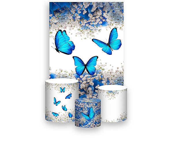 Painel De Festa Vertical 1,50 x 2,20 + Trio De Capas Cilindro - Borboleta Azul Floral 004
