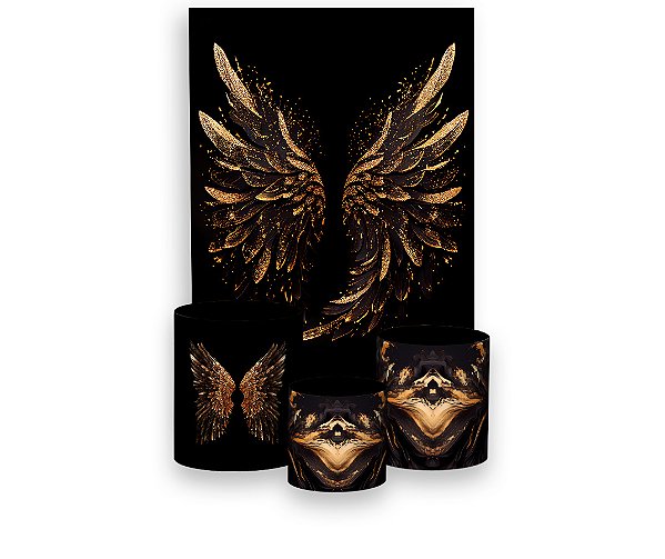 Painel De Festa Vertical 1,50 x 2,20 + Trio De Capas Cilindro - Asas Douradas Abertas 016